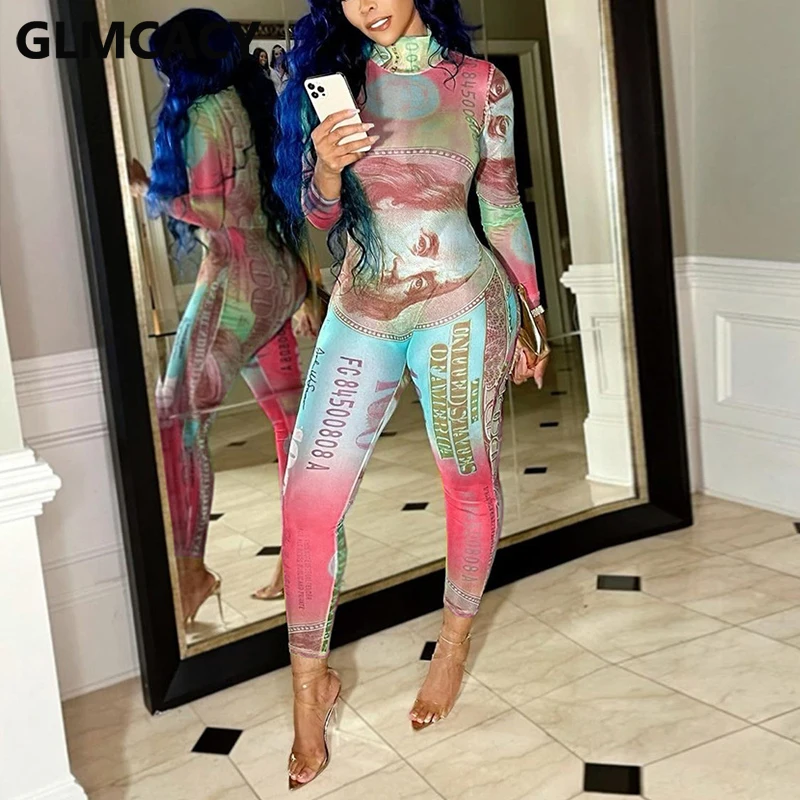 

Женские сетчатые прозрачные шикарные комбинезоны с принтом USD, облегающие вечерние Клубные Комбинезоны