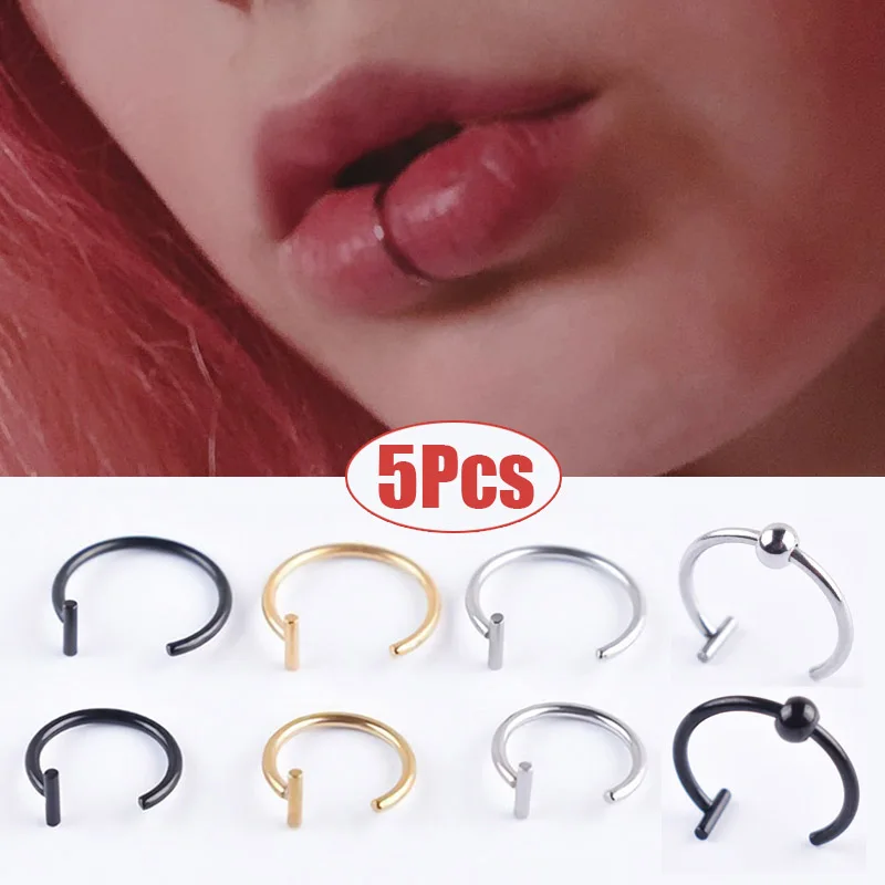 

5PCS Punk Lips Rings Medical Titanium Steel Nose Ring Fake Nose Ring Septum Piercing Clip on Mouth Ring Fake Piercing Body Clip