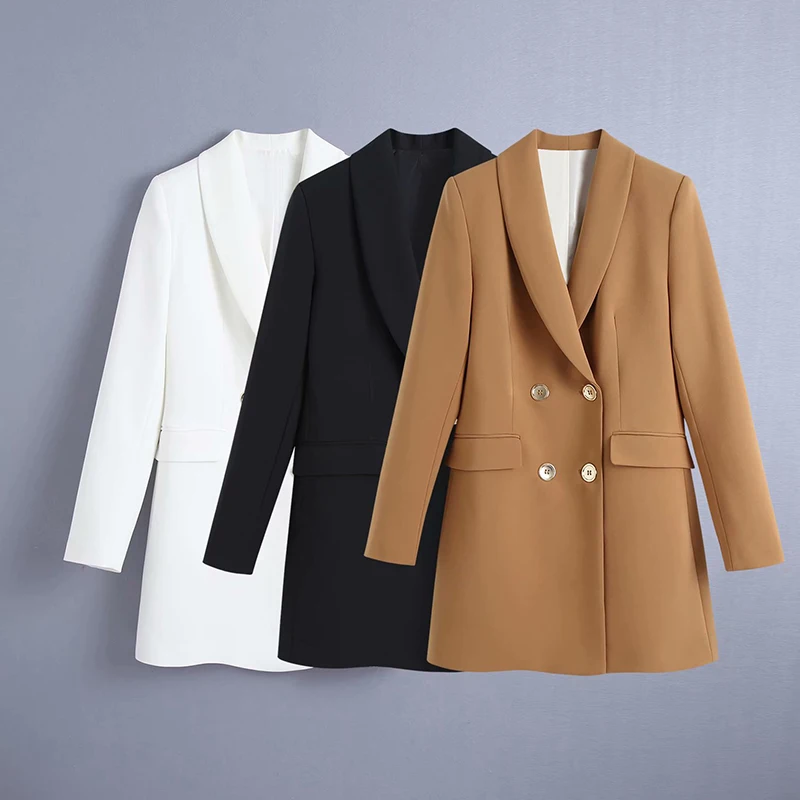 

Women Blazer Coat Double Breasted Blazer Vintage Long Sleeve Pocket Solid Color Female Outerwear Chic Women Suit Jacket