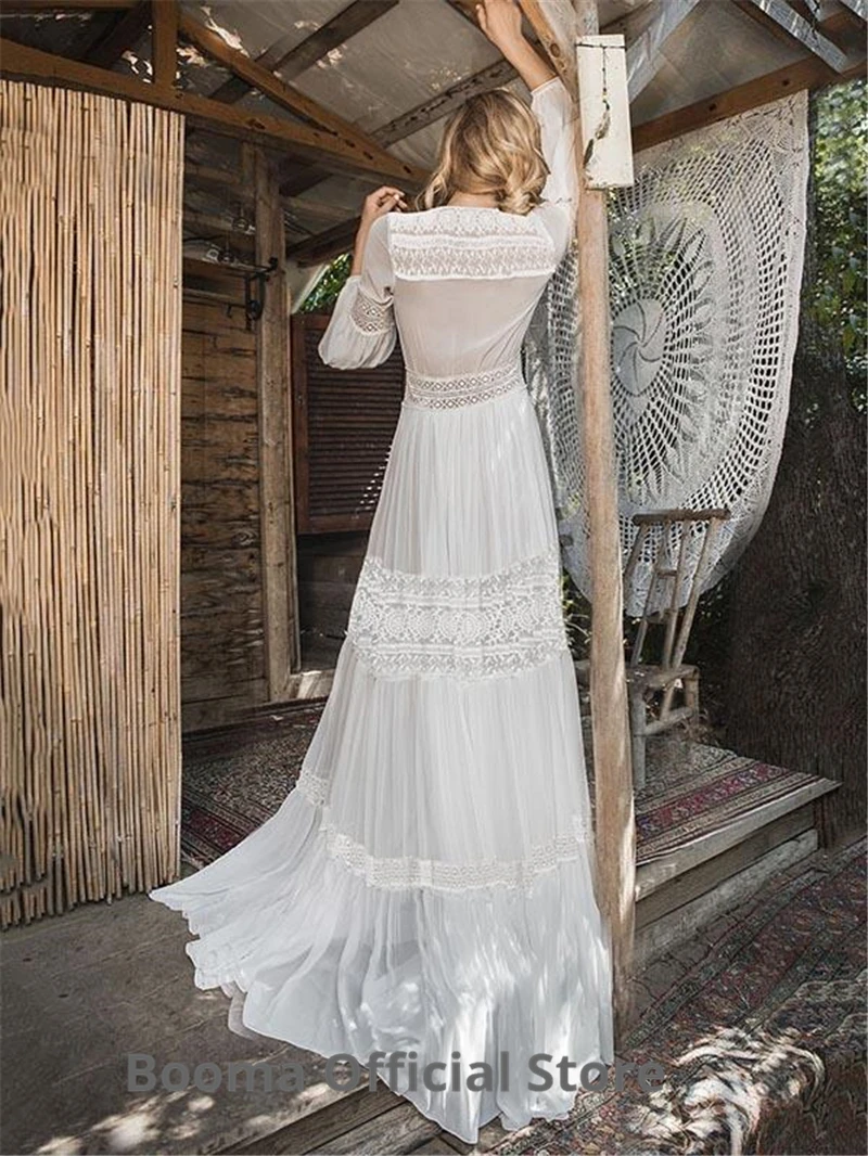 Booma Deep V-neck Lace Wedding Dresses Boho Long Sleeve Chiffon Bridal Gowns Beach Party Dress Vintage Plus Size Split | Свадьбы и