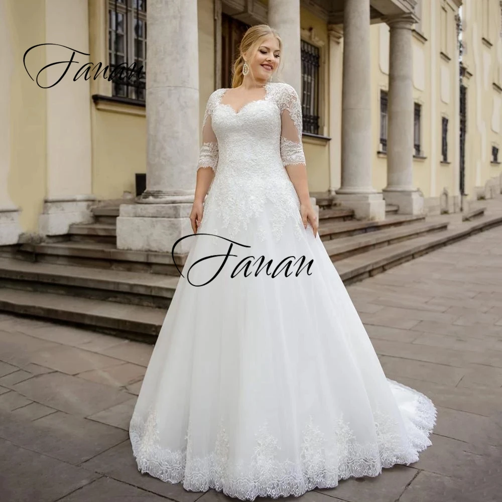 

V-Neck Half Sleeve Lace Appliques Wedding Dress Backless A-Line Plus Size Bridal Gown robe de soirée de mariage Customized