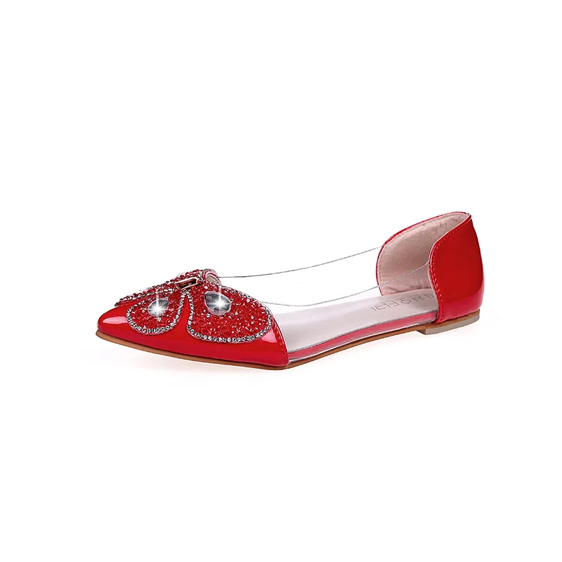 

New Bow Knot Rhinestone Low Heels Shallow Mouth Casual Shoes Woman Flats Women Flats Pointed Toe Transparent Single Shoes Female