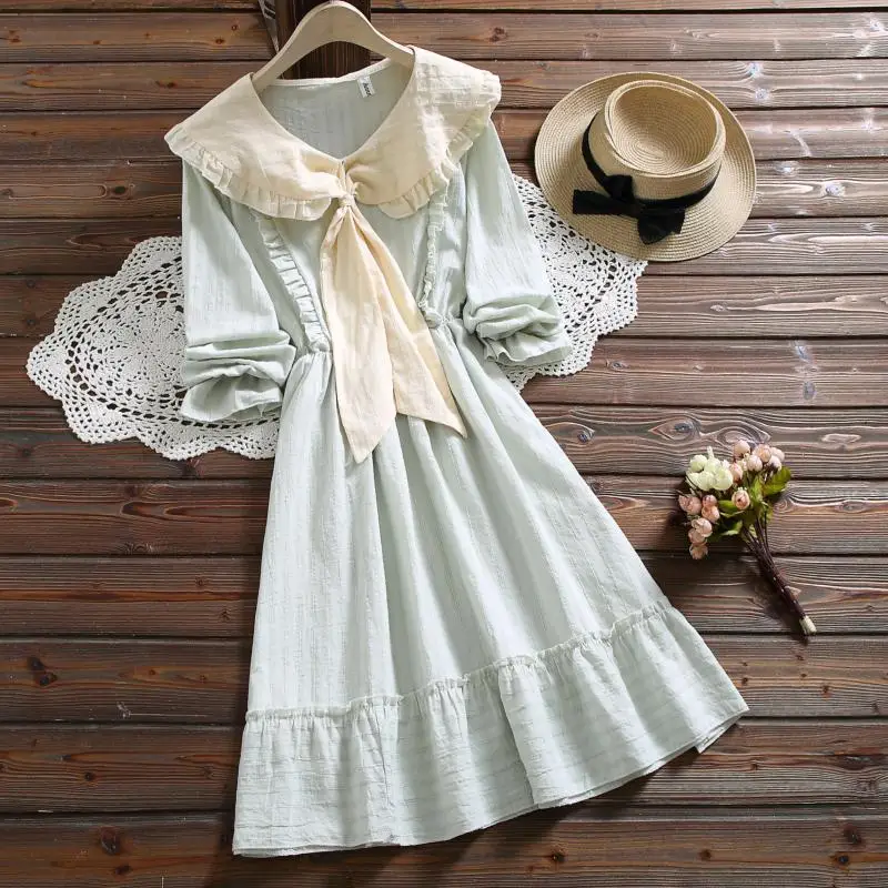 

Japanese Mori Girl Loose Solid Color Ruffles Dresses Peter Pan Collar Bow Lace Up Princess Dress Vestidos Ulzzang Kawaii Dress