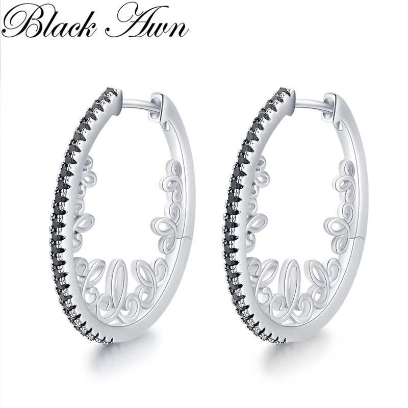 

Black Awn Oval Hoop Earrings for Women Classic Silver Color Trendy Spinel Engagement Fashion Jewelry I218