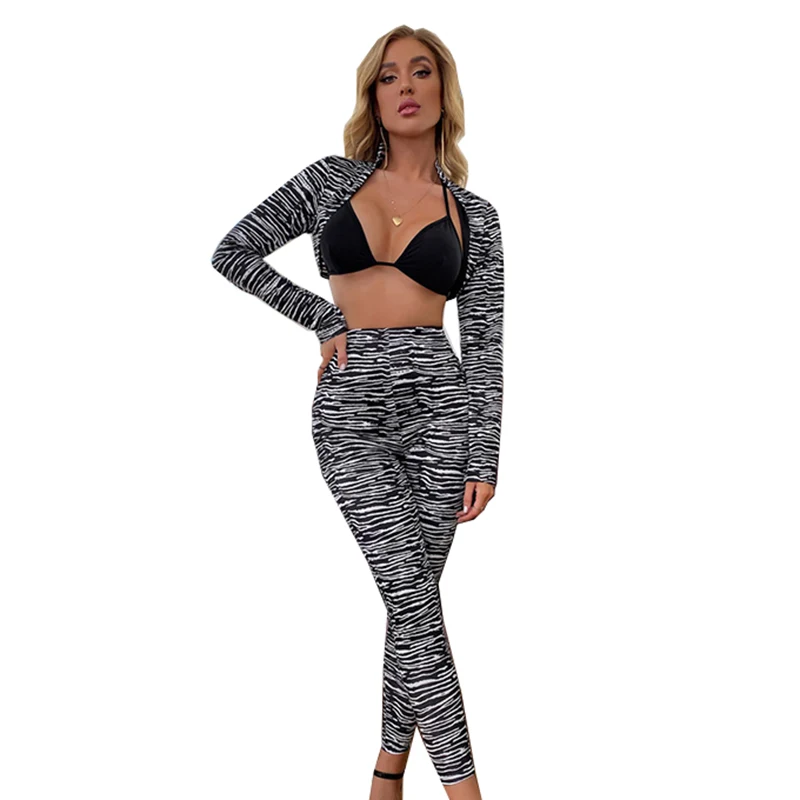 

European American Zebra Print Long Sleeved Top Trousers and Bra Casual Sexy Three Piece Set Women Clothing Summer New Slim