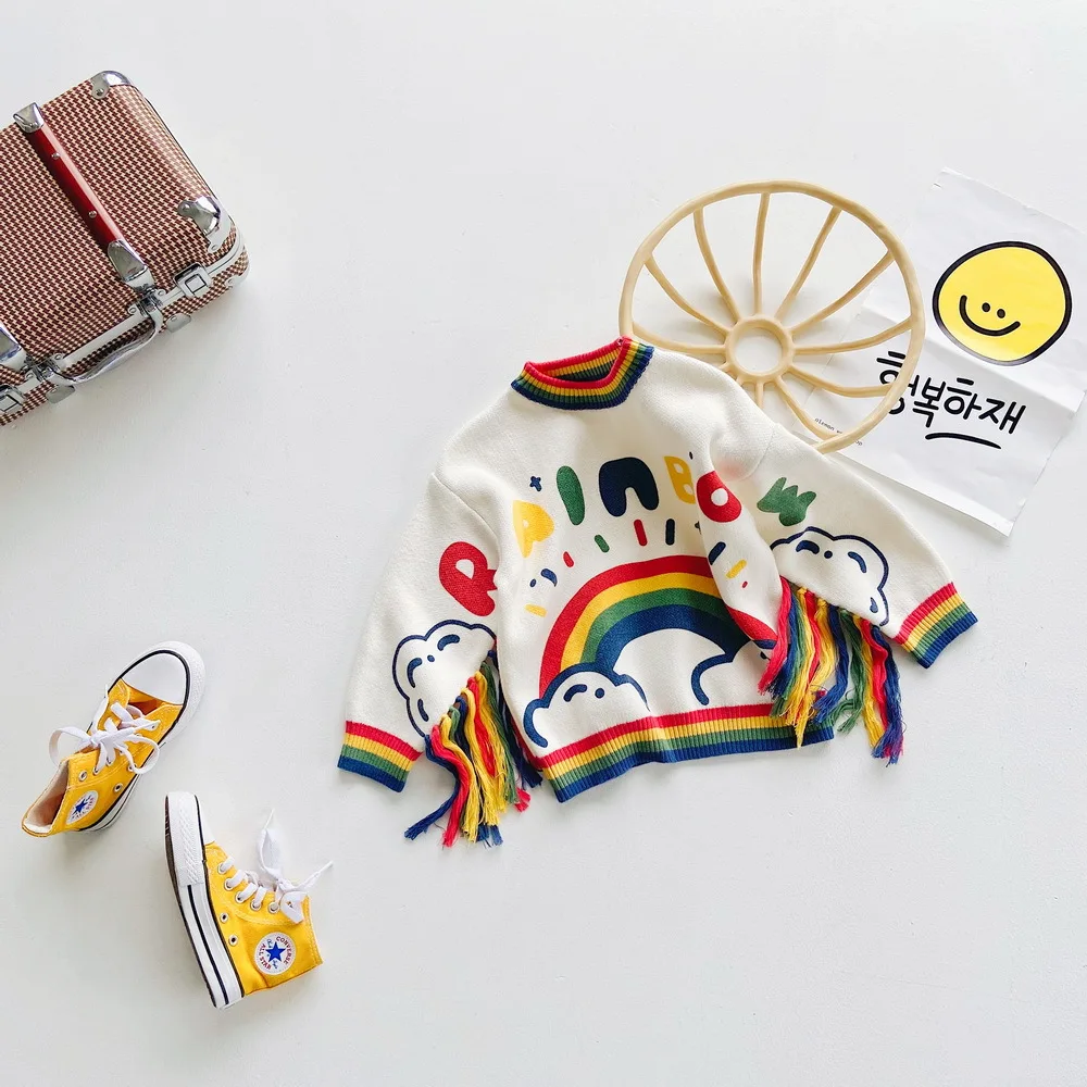 

Children's Autumn and Winter Baby Rainbow Cloud Tassel Sweater Letter