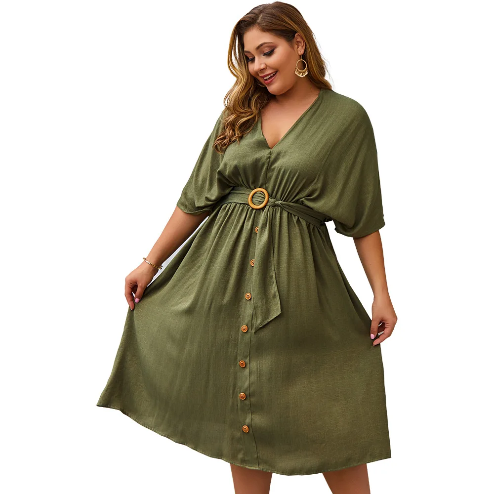 

Fashion Spring and summer V-neck new solid color mid-sleeve Women's dress XL 4XL cotton loose skirt