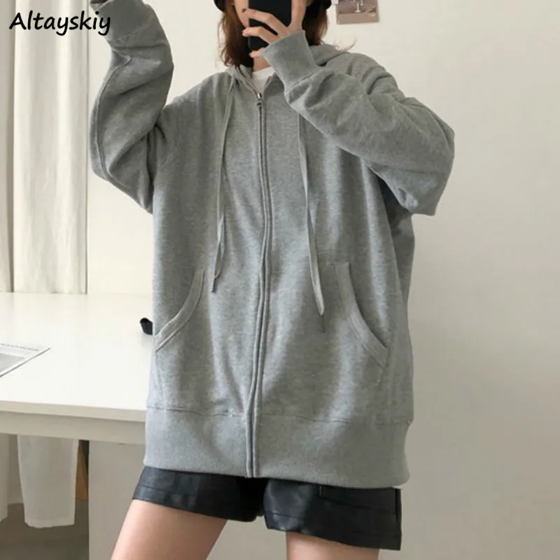 

Basic Jackets Women Solid Hooded Pocket Zipper Autumn Fashion Casual Simple Daily Harajuku BF Ulzzang Korean Style Loose Ins New