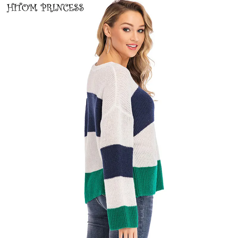 

HITOM PRINCESS Casual Oversized Striped Sweater Women Winter Loose Pullover Knitted Jumper O Neck Autumn Female Sweater