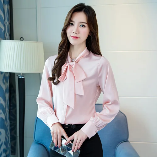 

2020 spring Silk Satin blouse Women Long Sleeve Elegant Bow OL Ladies office wear shirts white black green fashion women clothes