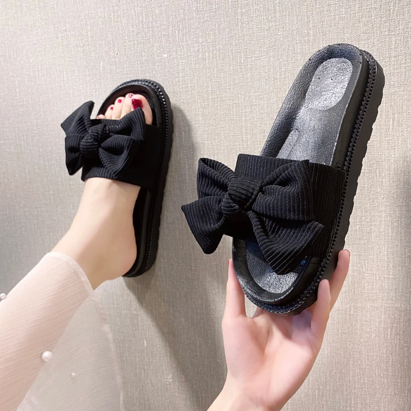 

House Slippers Platform Shoes Slipers Women Butterfly-Knot Med Luxury Slides Flock 2021 Flat Soft Designer Summer Fashion PU Fab