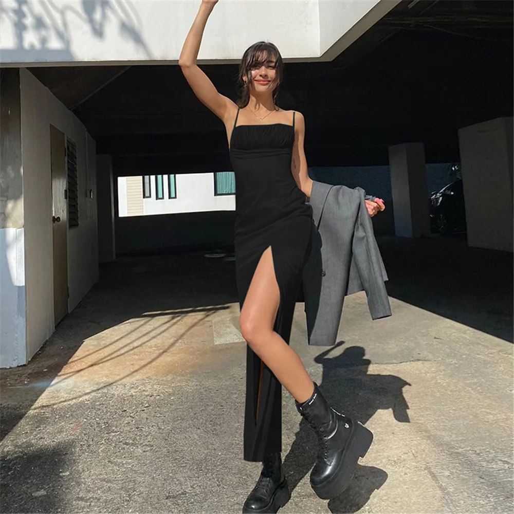 

Women Solid Color Sleeveless Dress Sexy Square Neck Spaghetti Strap Side High Split Ankle Long Dress Summer Female Clothing