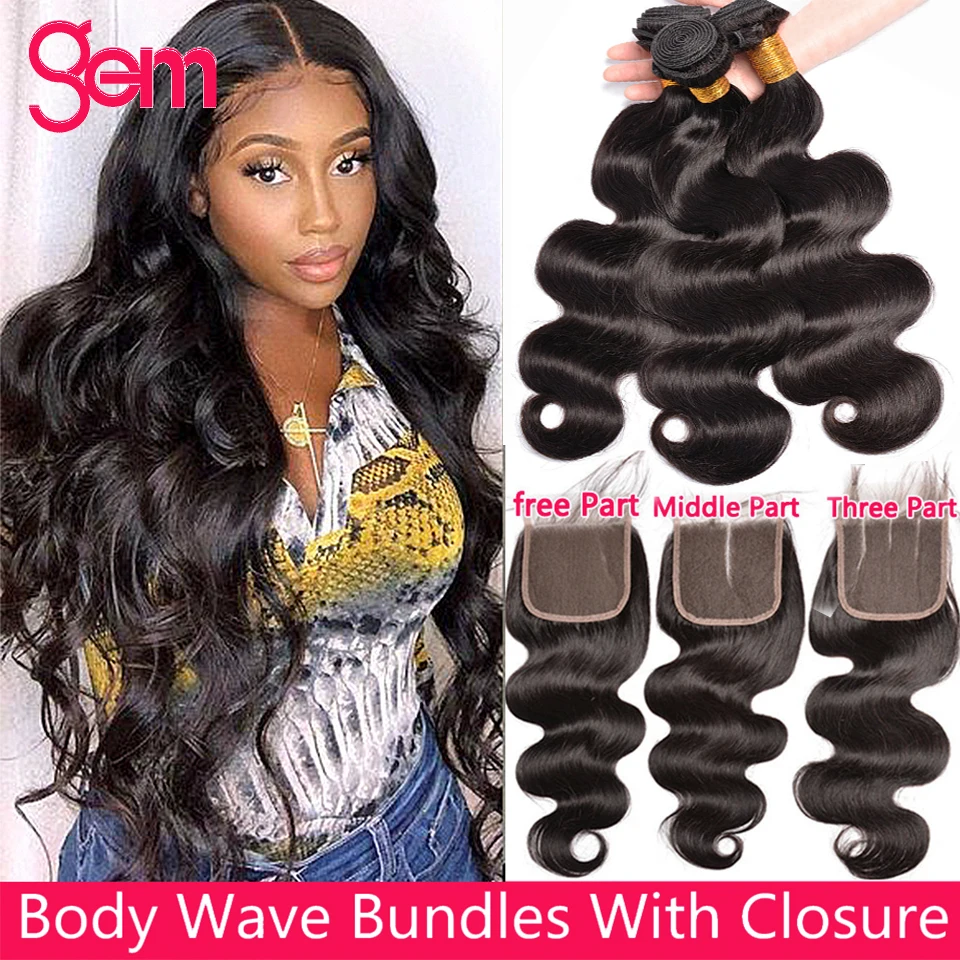

Body Wave 3 Bundles With Closure Human Hair Bundles With Closure Brazilian GEM Hair 4x4 Lace Closure Remy Human Hair Extension