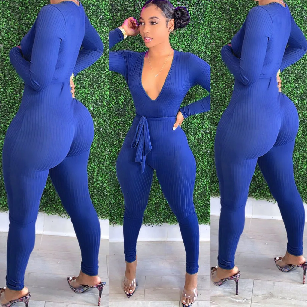 Womens Fashion One Piece Bodysuit Jumpsuit Sexy Long Sleeve Knit Playsuits Casual  Body Suit  Rompers V-Neck Outfits Tracksuit