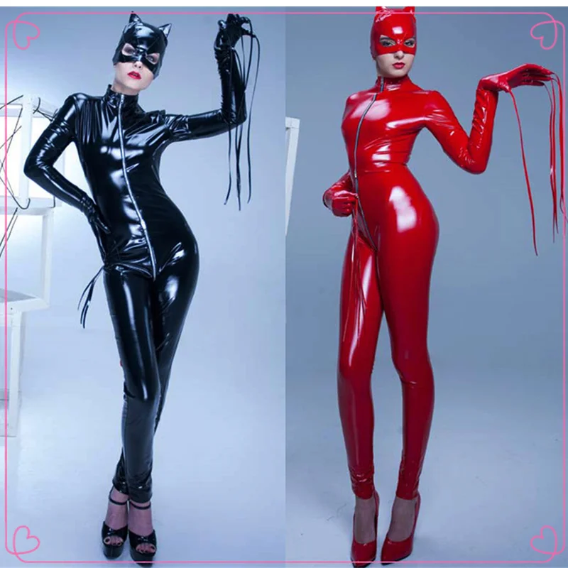

Black Tigh PVC Leather Catsuit Exotic Sexy Zipper Open Crotch Stretchable Bondage Jumpsuit Clubwear uniform bodysuits