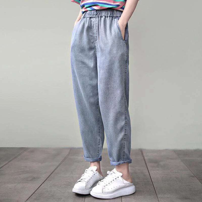 

New Arrival Spring Summer Korea Fashion Women Elastic Waist Loose Vintage Jeans all-matched Casual Tencel Denim Harem Pants S820