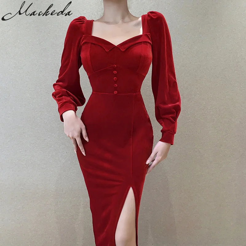 

Macheda autumn new long-sleeved corduroy slim lady's dress goddess cocktail party dress legs slit sexy close soft comfortable