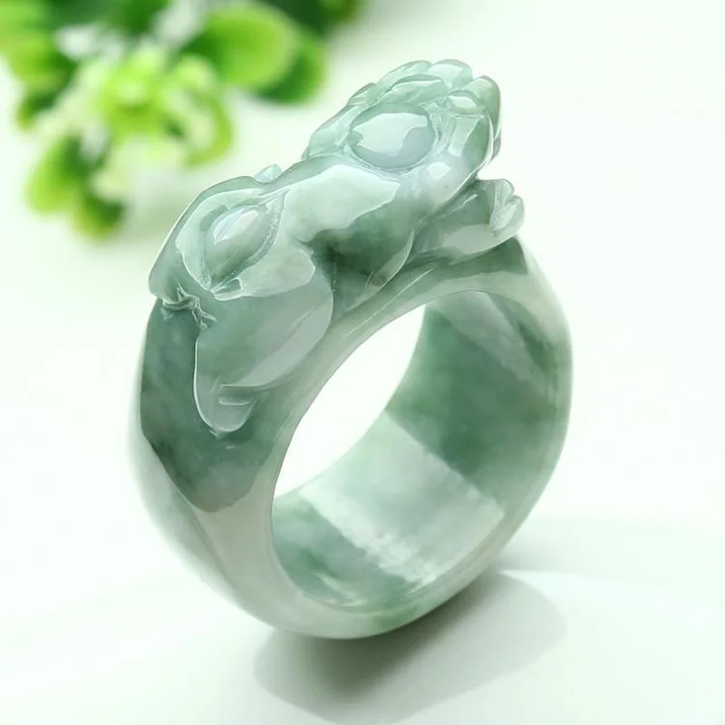 

(CERTIFICATE) DROP SHIPPING NATURAL LIGHT GREEN AAA GRADE JADEITE JADE RING FINGER 3D CARVED PIXIU GIFT FOR MEN'S JEWELRY