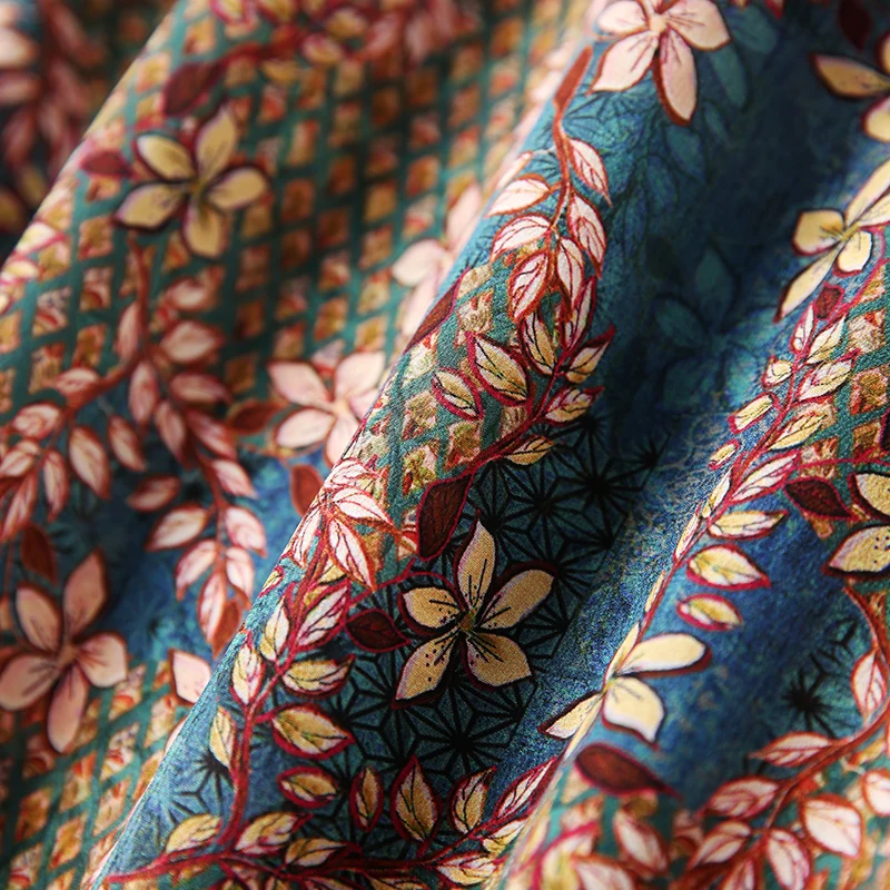 

Vintage Print 100% Natural Silk Summer Dresses Elegant Fashion Stand Collar Half Sleeve Slim Pure Real Silk Women A-line Dress