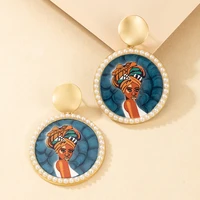 handmade diy alloy pearl african head portrait round drop earrings for women luxury metal circle dangel earrings accessories