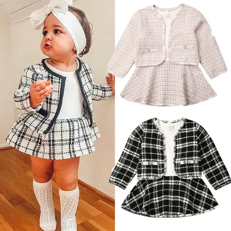 

2020 Fashion 1-6Y Baby Girls Clothes Sets Birthday Long Sleeve Plaid Coat Tops+Dress 2Pcs Party Warm Outfit