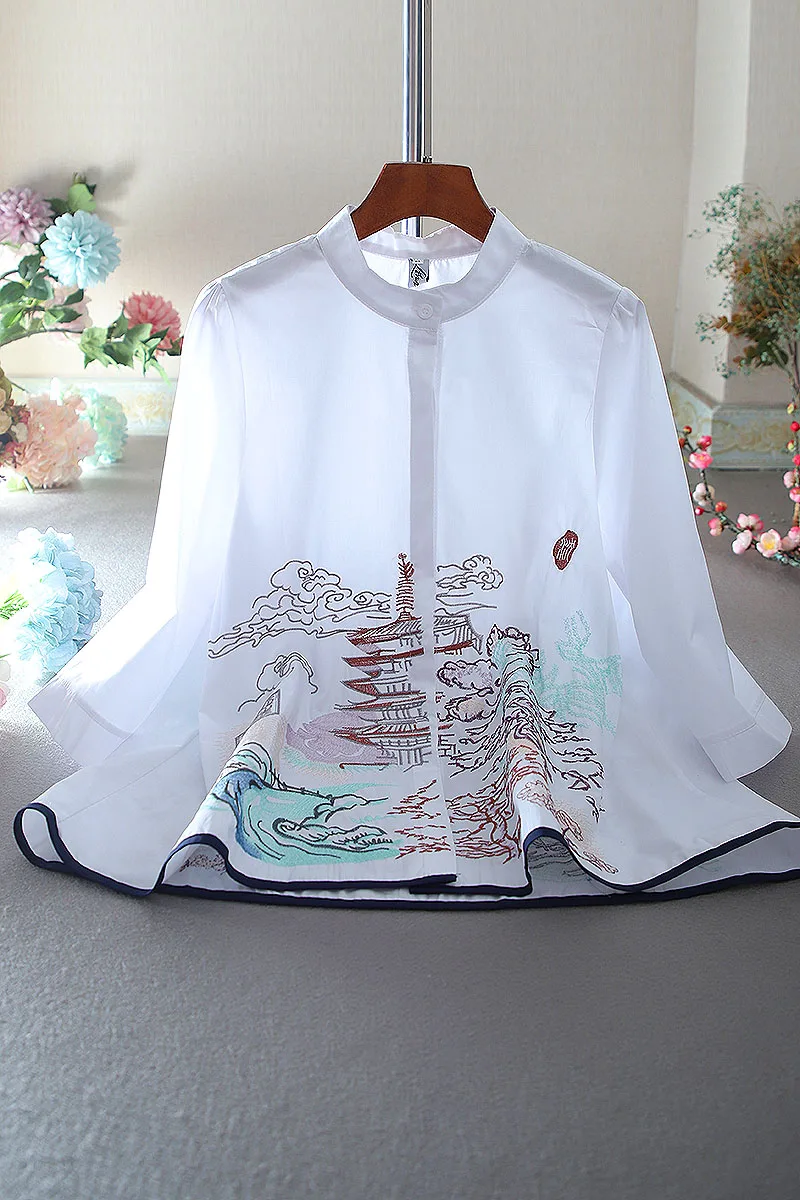 

SuperAen 2021 Retro Cotton Office Lady Stand Collar Shirt Heavy Embroidery Vintage Style Loose Plus Size Shirt Blouse