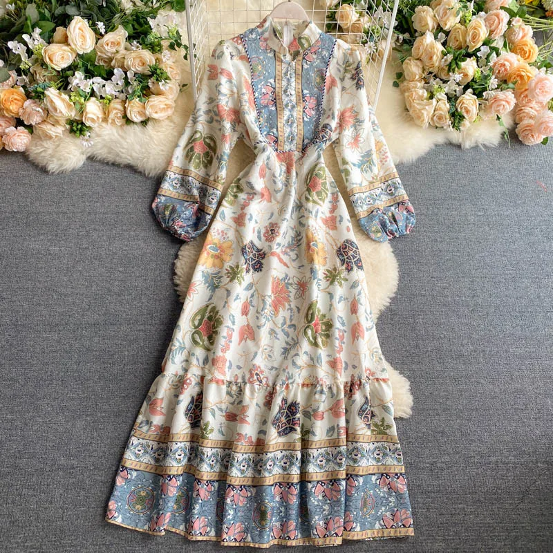 Ретро Суд Стиль печатных платье-баллон Рукавами туника платье с короткими