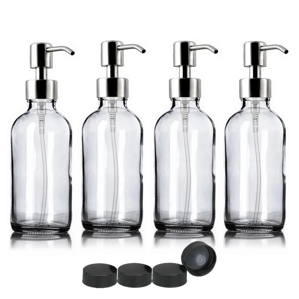 4pcs 250ml Clear Glass Bottle with Stainless Steel Lotion Pu
