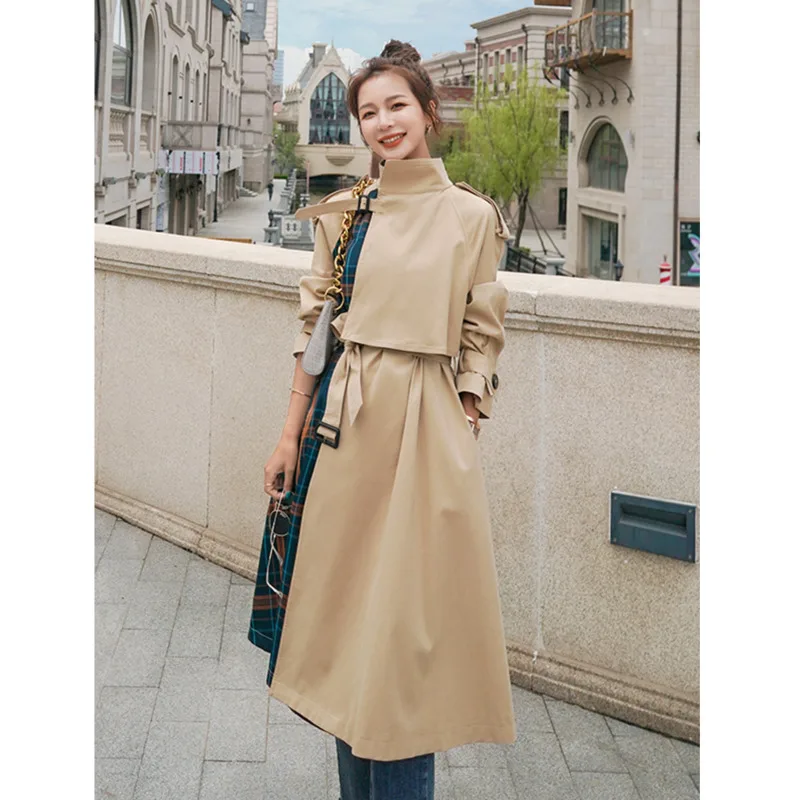 

Пальто женское клетчатое в английском стиле, Модный Плащ цвета хаки с прострочкой и поясом, длинное Свободное пальто в британском стиле