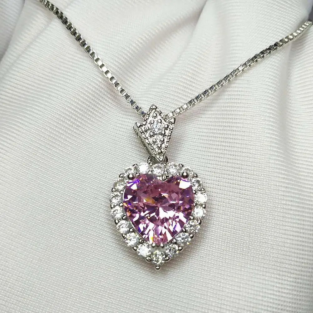 

Luxury heart pink crystal zircon diamond gemstones pendant necklaces for women 18k white gold silver color choker jewelry bijoux