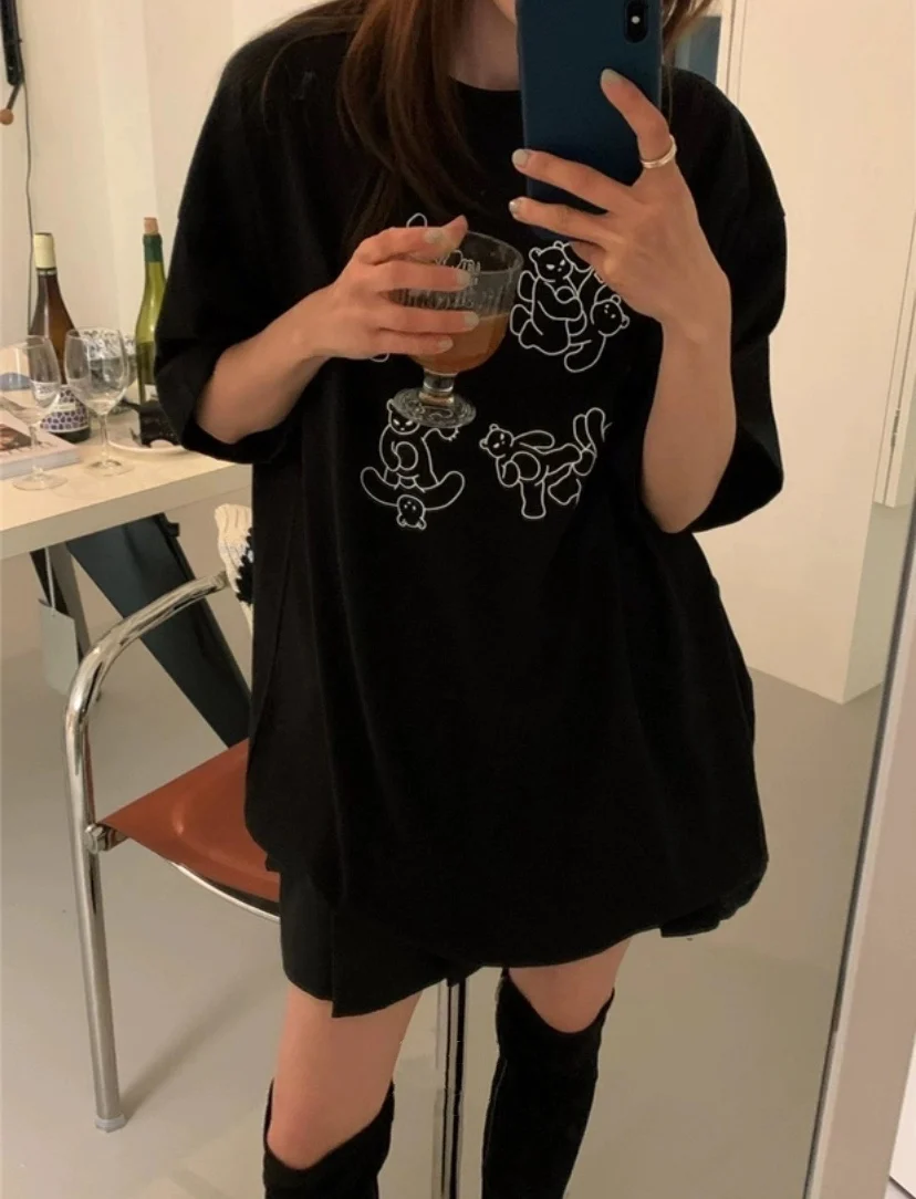 

4178 2021 new loose mid-length cute bear print bottoms missing all-match T-shirt