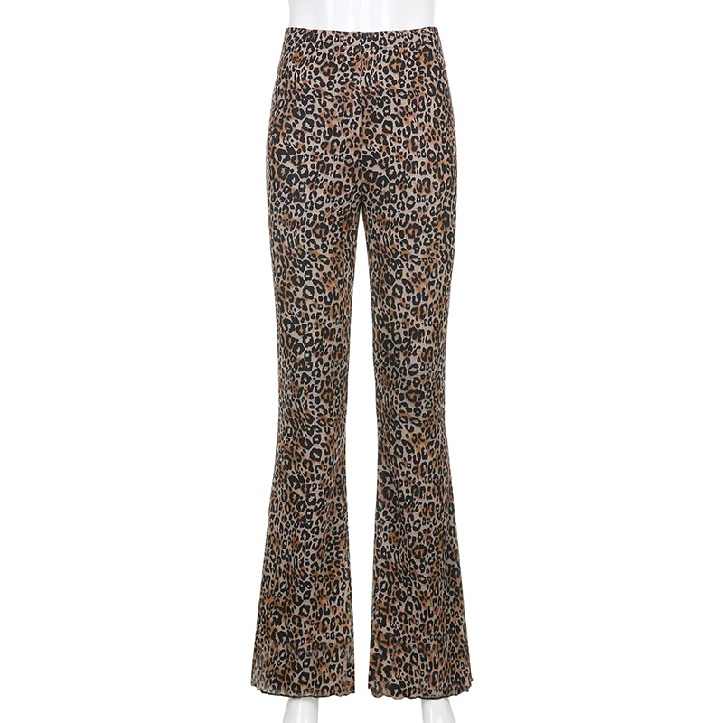 

Leopard Y2K Pants Women High Waist Brown Flare Pants Double Layer Mesh E Girl Trousers Female Sweatpants Leggings Women