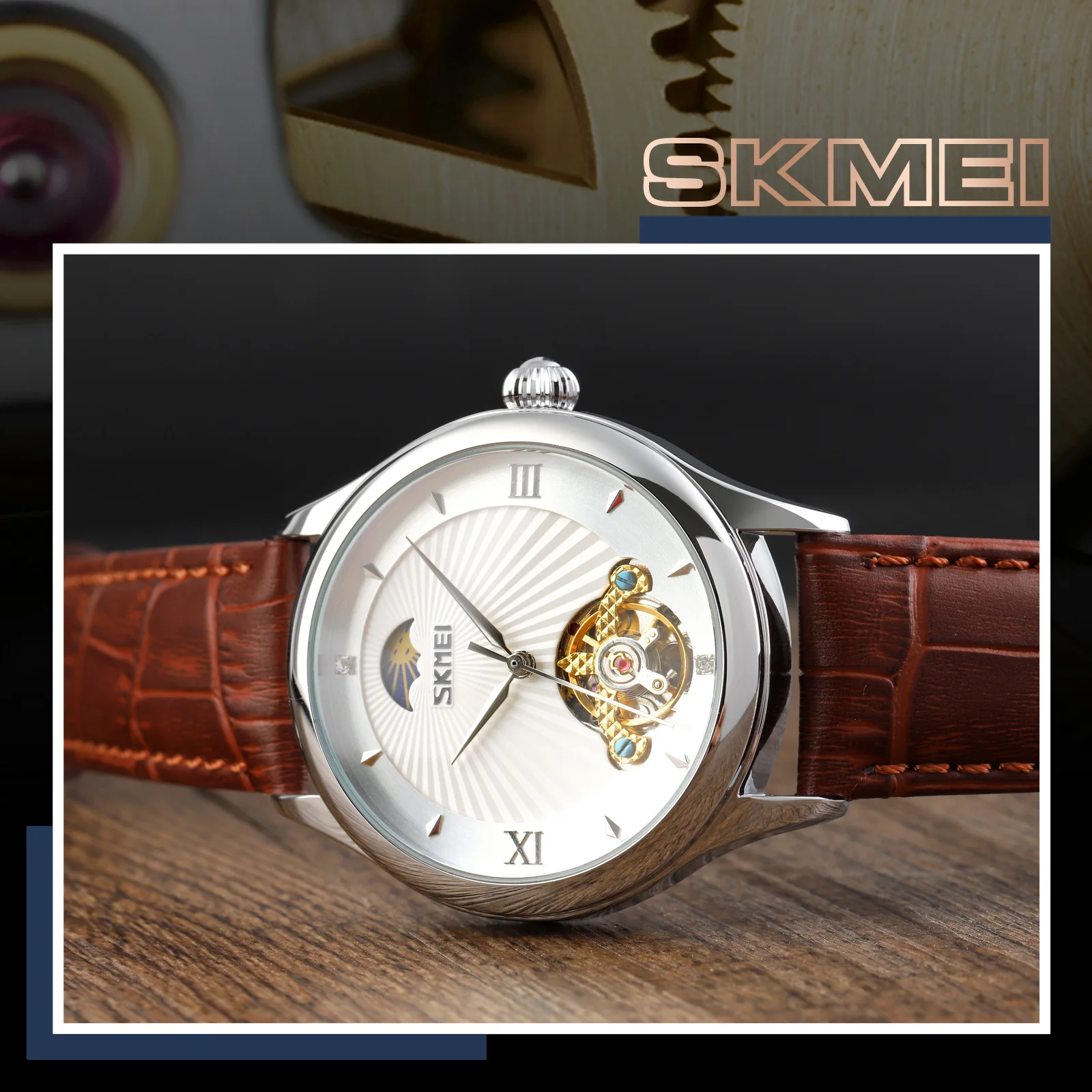 Enlarge SKMEI Automatic Mechanical Moon Phase Watches Classic Dial Wristwatches Fashion Leather reloj hombre For Male Dropship Clock