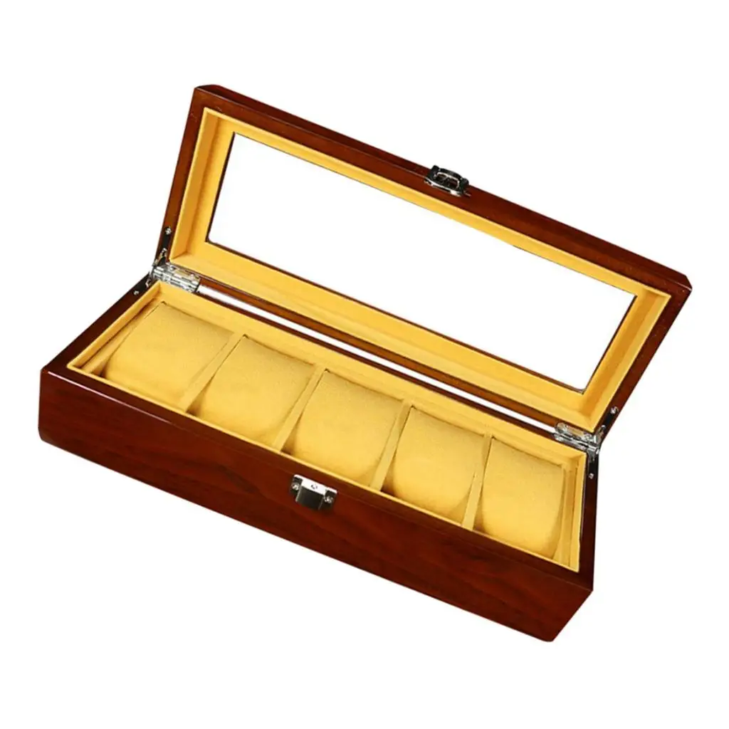 

Wooden Watch Box Case Organizer Display for Men Women, 5 Slots Wood Box with Large Clear Glass Top