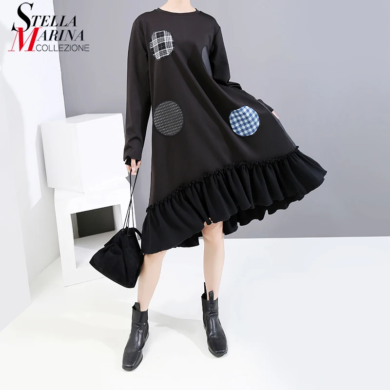 2019 корейский стиль Женское зимнее повседневное черное платье с длинным рукавом в