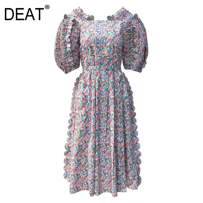 Женское платье с оборками DEAT для отпуска рукавами фонариками и высокой талией