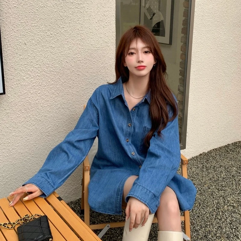 Blue Denim Shirt Women's Polo Collar Mid-length Long Sleeve Coat Autumn Winter Loose Lazy Style Casual Top Rac | Женская одежда