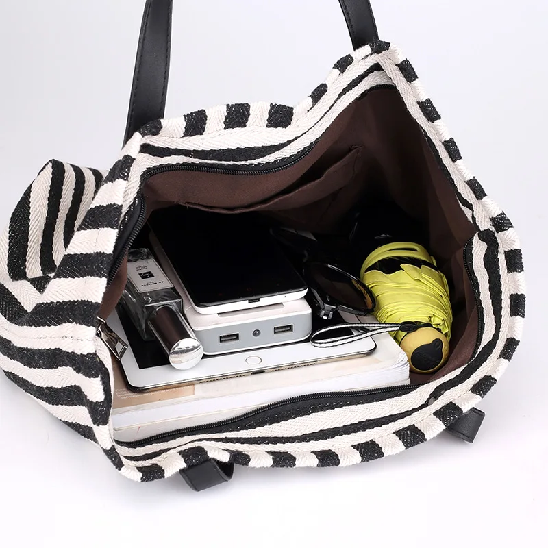 KVKY большая холщовая модная прочная женская сумка через плечо в черно-белую