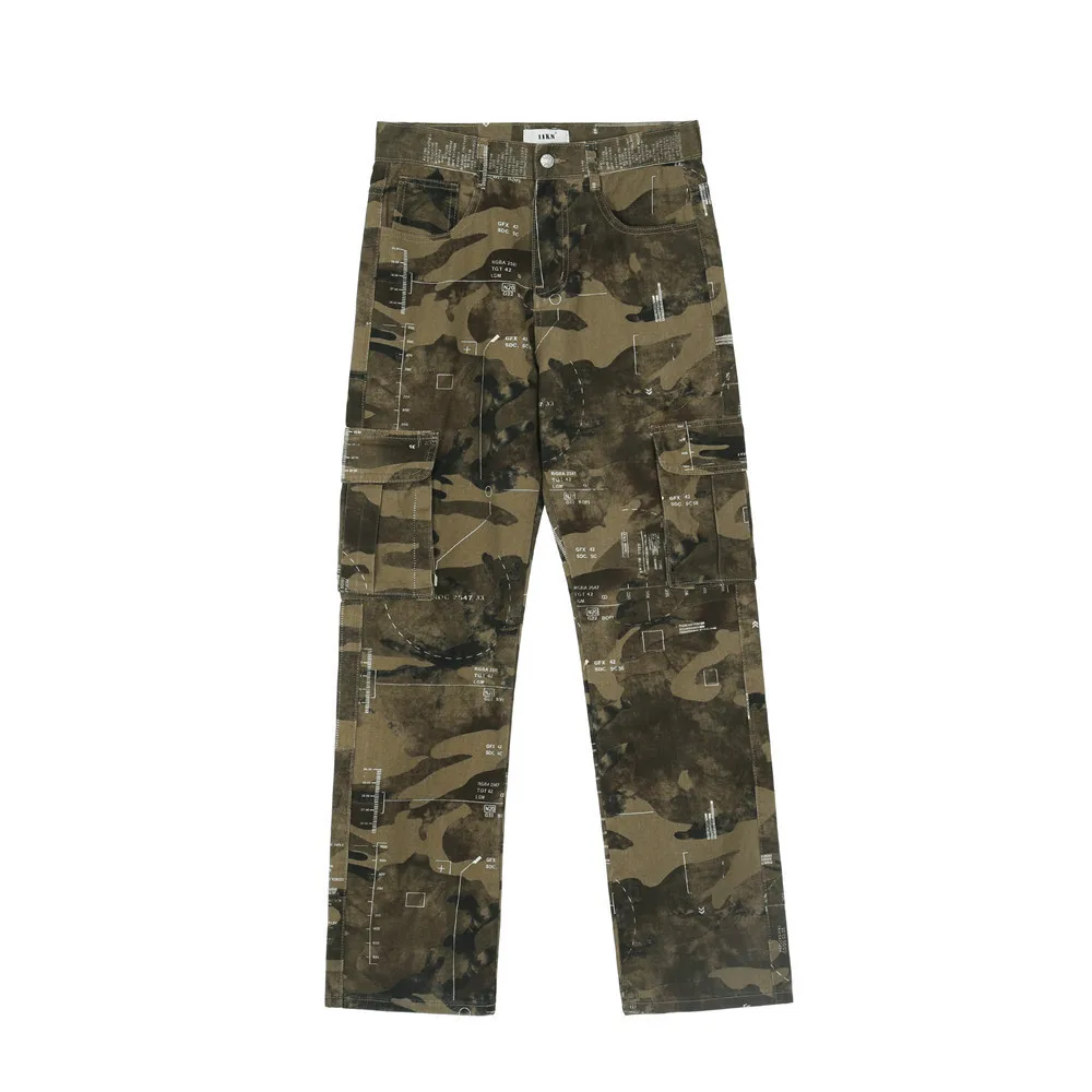 

Letter Print Multi Pockets Camouflage Jeans Men High Street Fashion Loose Cargo Pants Spring Autumn Casual Straight Long Pants