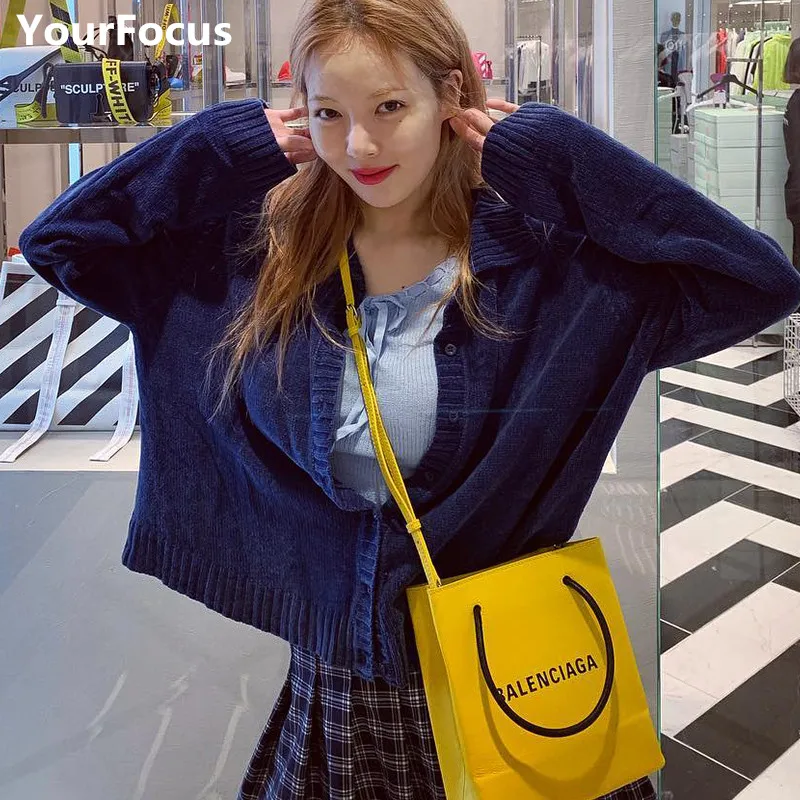 Винтажный темно-синий короткий Свободный вязаный кардиган в стиле ретро женский