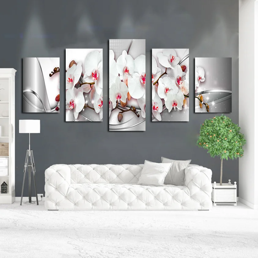 

Modern Style Canvas Material Decoration Painting White Lily Pink Stamen with Silver Iron Pattern Background Poster Living Room