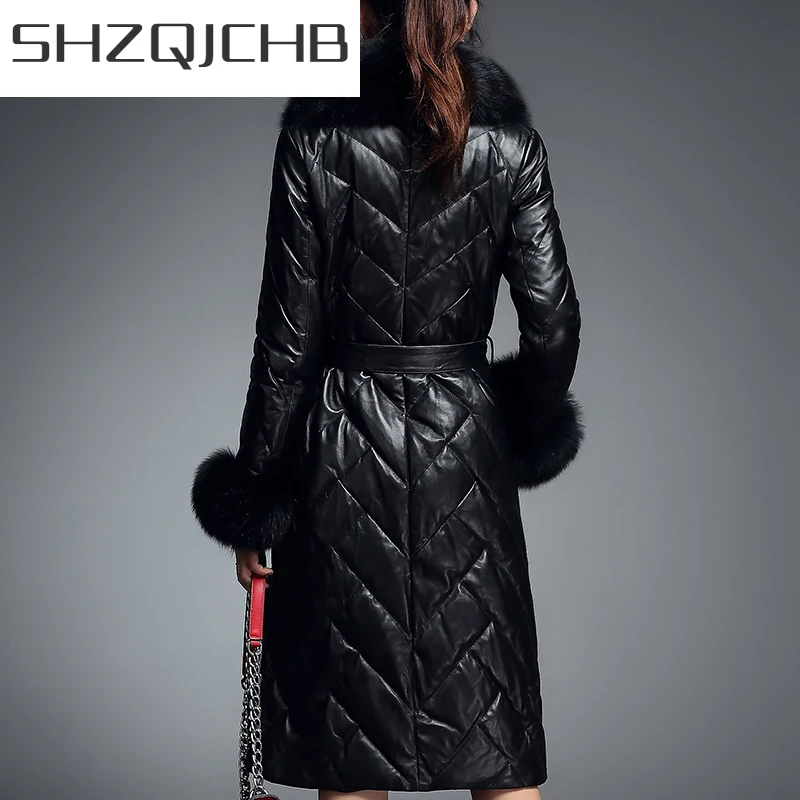 

SHZQ 2021 куртка из натуральной кожи женская зимняя пуховая парка тонкие длинные куртки из натурального Лисьего меха дубленка женская верхняя ...