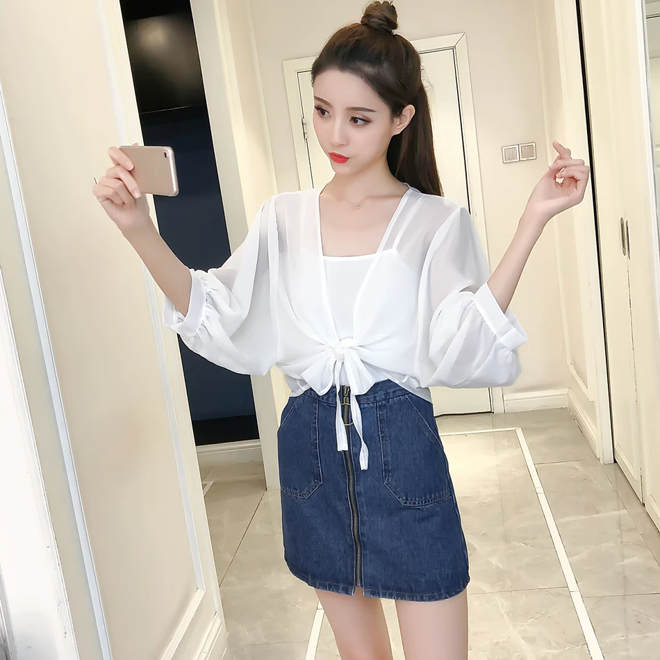 

Summer Womens Tops and Blouses Long Sleeve Top Chiffon Shirt Thin Solid Sunscreen Cardigan Office Blouse White Black Party