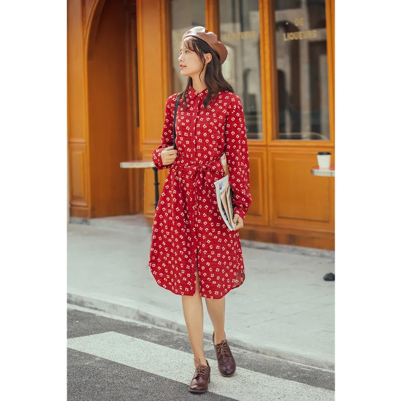 Женское платье-блузка в ретро-стиле с отложным воротником Осень-зима INMAN | Женская