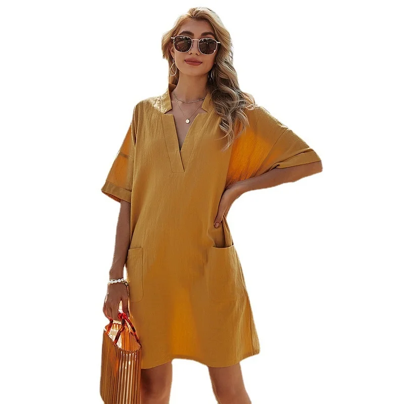

Women's Solid V-neck Pocket A-line Dress Summer Casual Loose Dress Outdoor Vacation Breathable Soft Holiday Party Dress