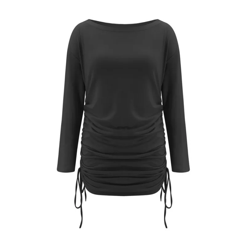 

Ladies Autumn Big Round Neck Long Sleeve Drawstring Strap Butt Dress