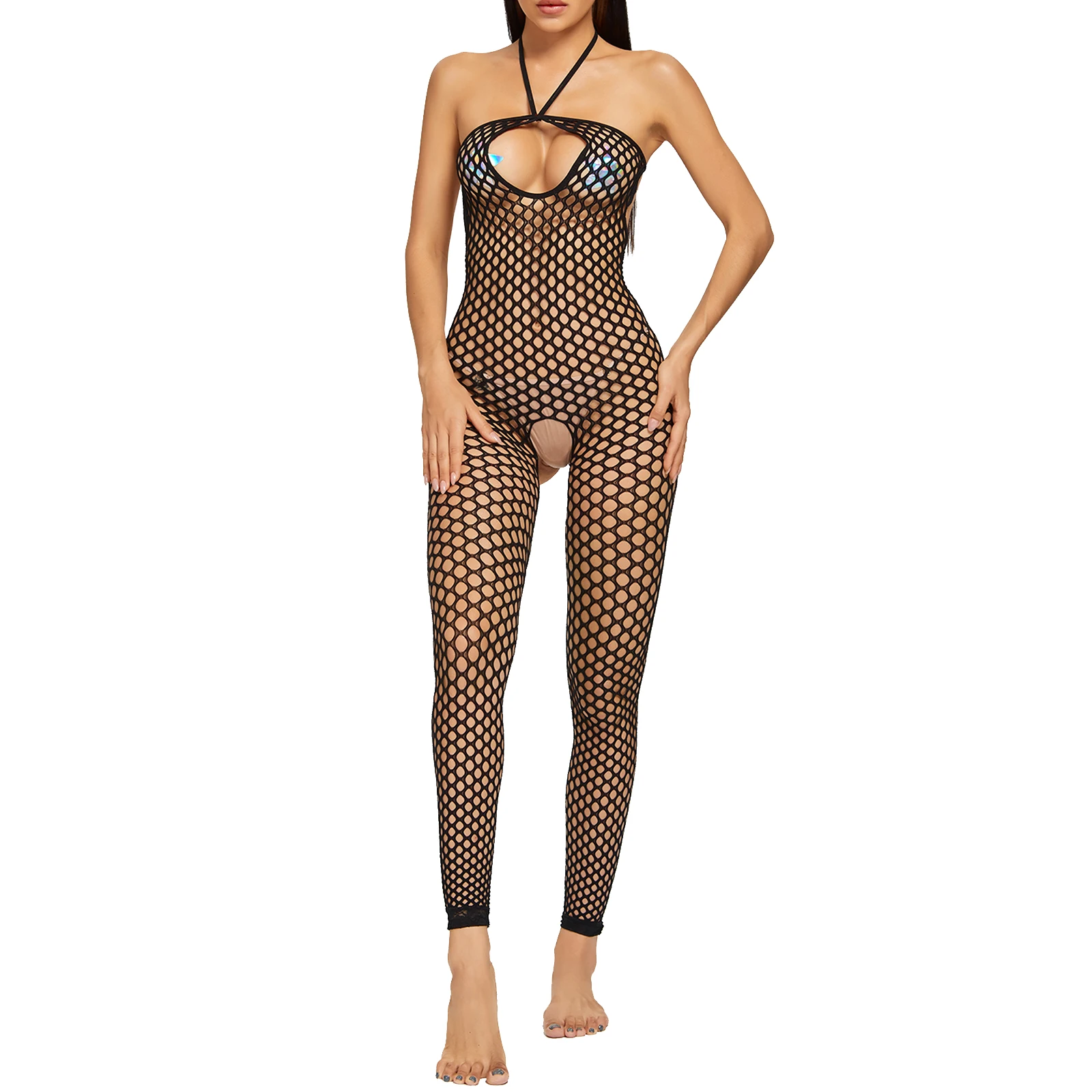 

Women Sexy Lingerie Hollow Out Fishnet Jumpsuit Sleeveless Crotchless Bodysuit Nightwear See-through Mesh Leotard Bodystocking