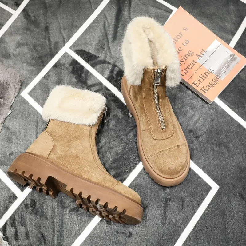Теплые короткие меховые плюшевые зимние ботильоны с окантовкой на платформе