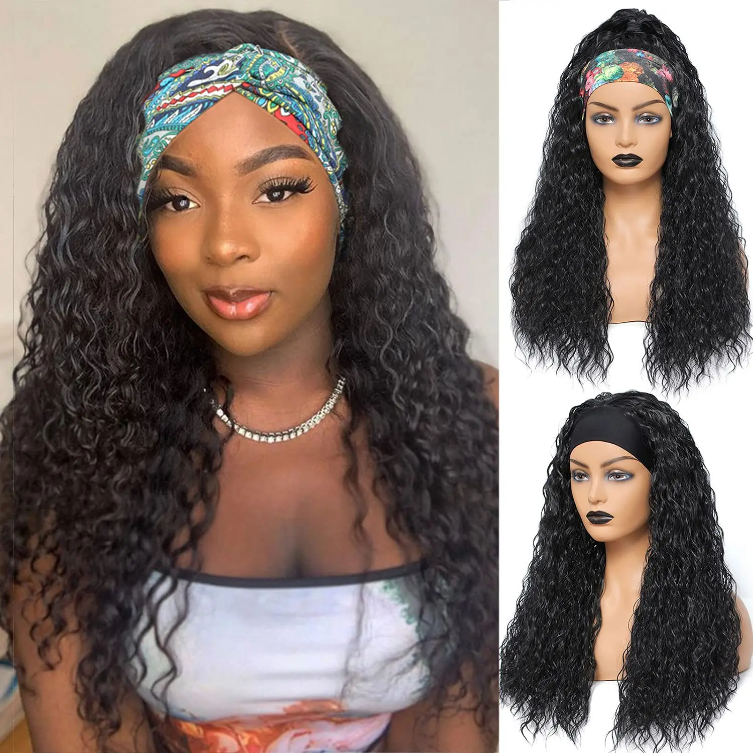 

Feel Me Water Wave Synthetic Headband Wig Brazilian Long Curly Scarf Wigs For Black Women Fake Hair No Sew In Beginner Friendly