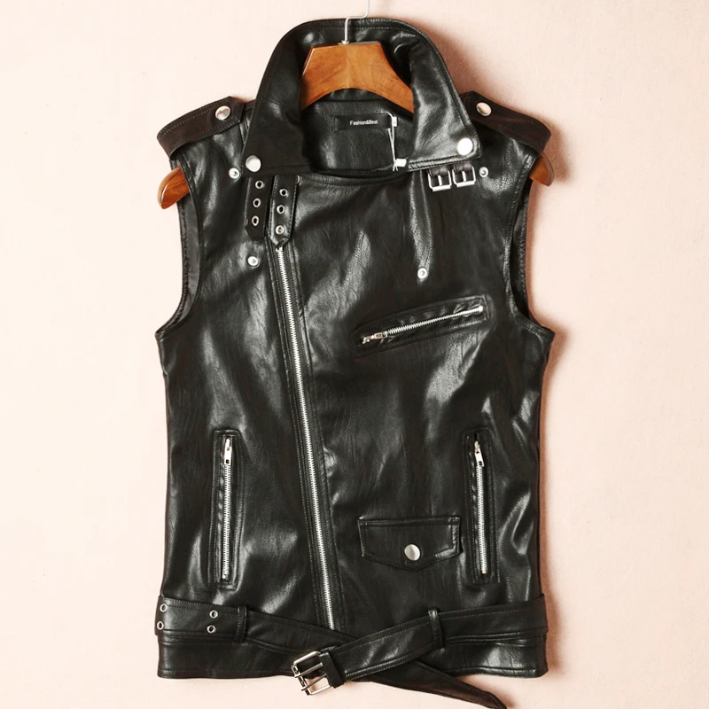 Мужская кожаная куртка повседневная приталенная мотоциклетная безрукавка